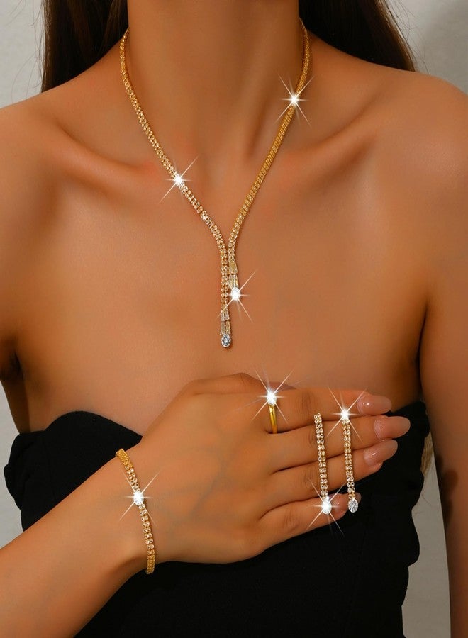 IS4U Sparkling Rhinestone Jewelry Set for Women Elegant Crystal Zircon Necklace Ring Earrings Bracelet Bridal Wedding Prom Party Fashion Jewelry (Gold) - Image 3